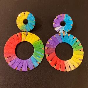 Multicolored Raffia Wrapped Circle Drop Earrings